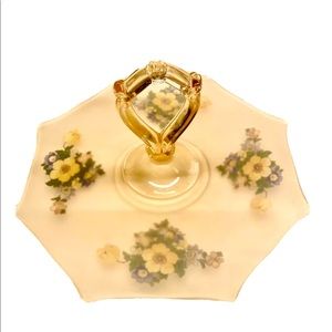 Vintage Depression Glass Tray Handpainted Frosted Pink Floral Heart Handle large